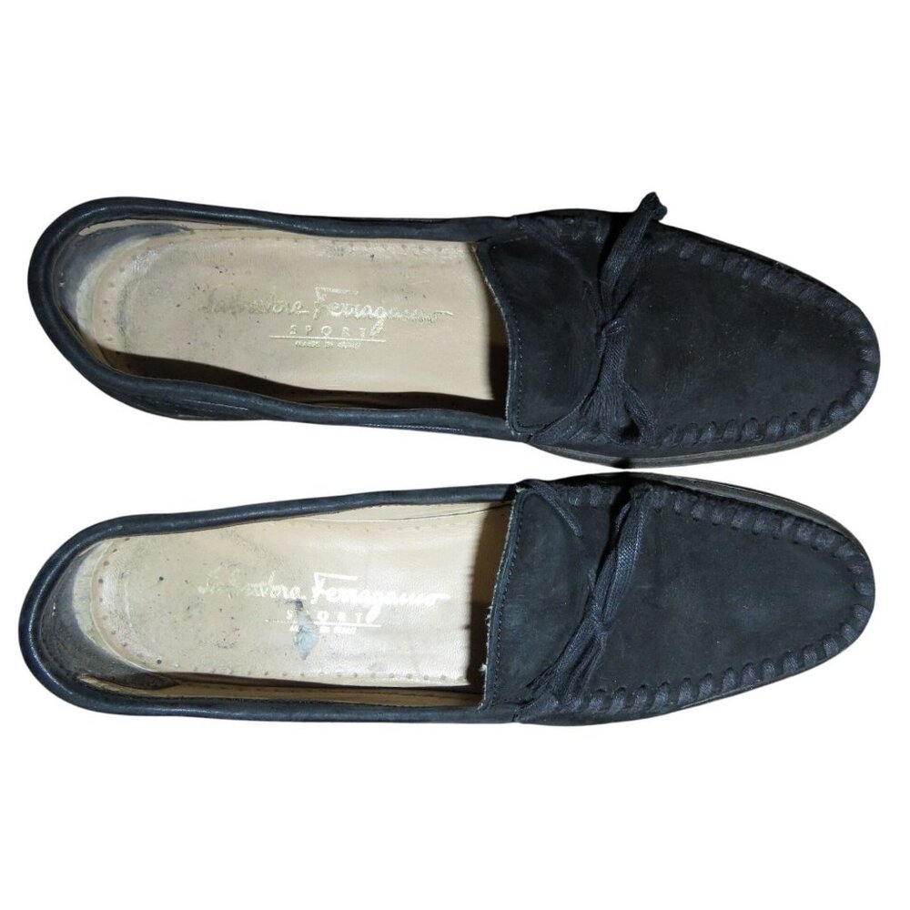 Salvatore Ferragamo Vintage Sport Italian Suede Leather Black Tie Loafers Size 8 - Picture 2 of 8